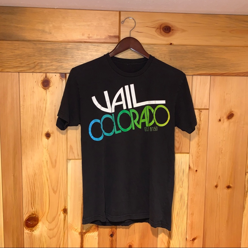 VTG 90s Black Cotton VAIL COLORADO Retro Ski Graphic Tee Shirt Small / Medium - Picture 4 of 8